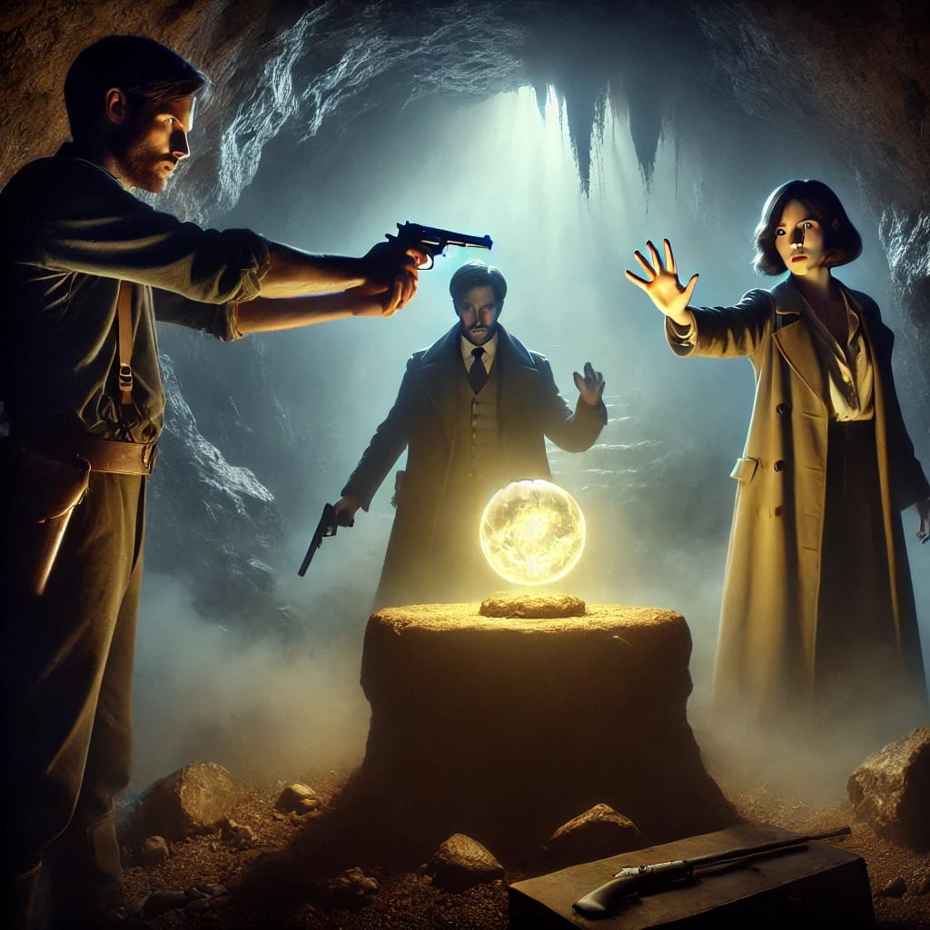 A tense scene inside a dark echoing cave with Armand Leclerc and Elodie Moreau cautiously advancing, looking around as if being followed