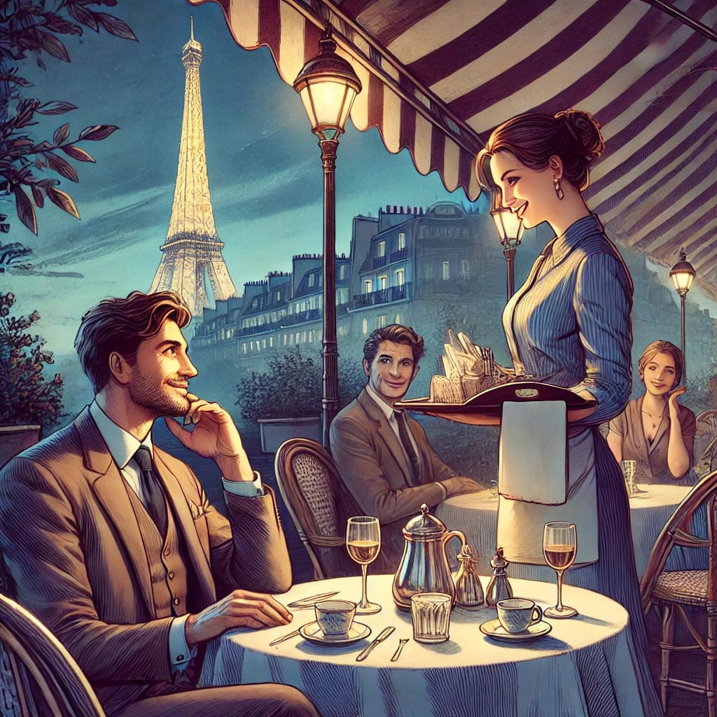 A tense scene inside a dark echoing cave with Armand Leclerc and Elodie Moreau cautiously advancing, looking around as if being followed