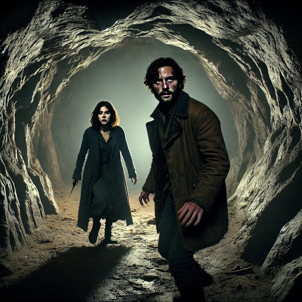 A tense scene inside a dark echoing cave with Armand Leclerc and Elodie Moreau cautiously advancing, looking around as if being followed