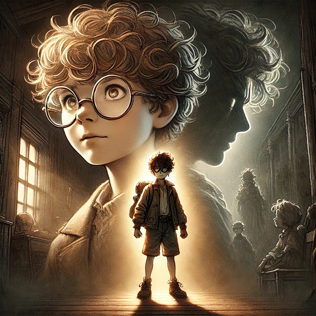 Illustration of a young hero character crossing a threshold, holding a suitcase and stepping through a doorway.