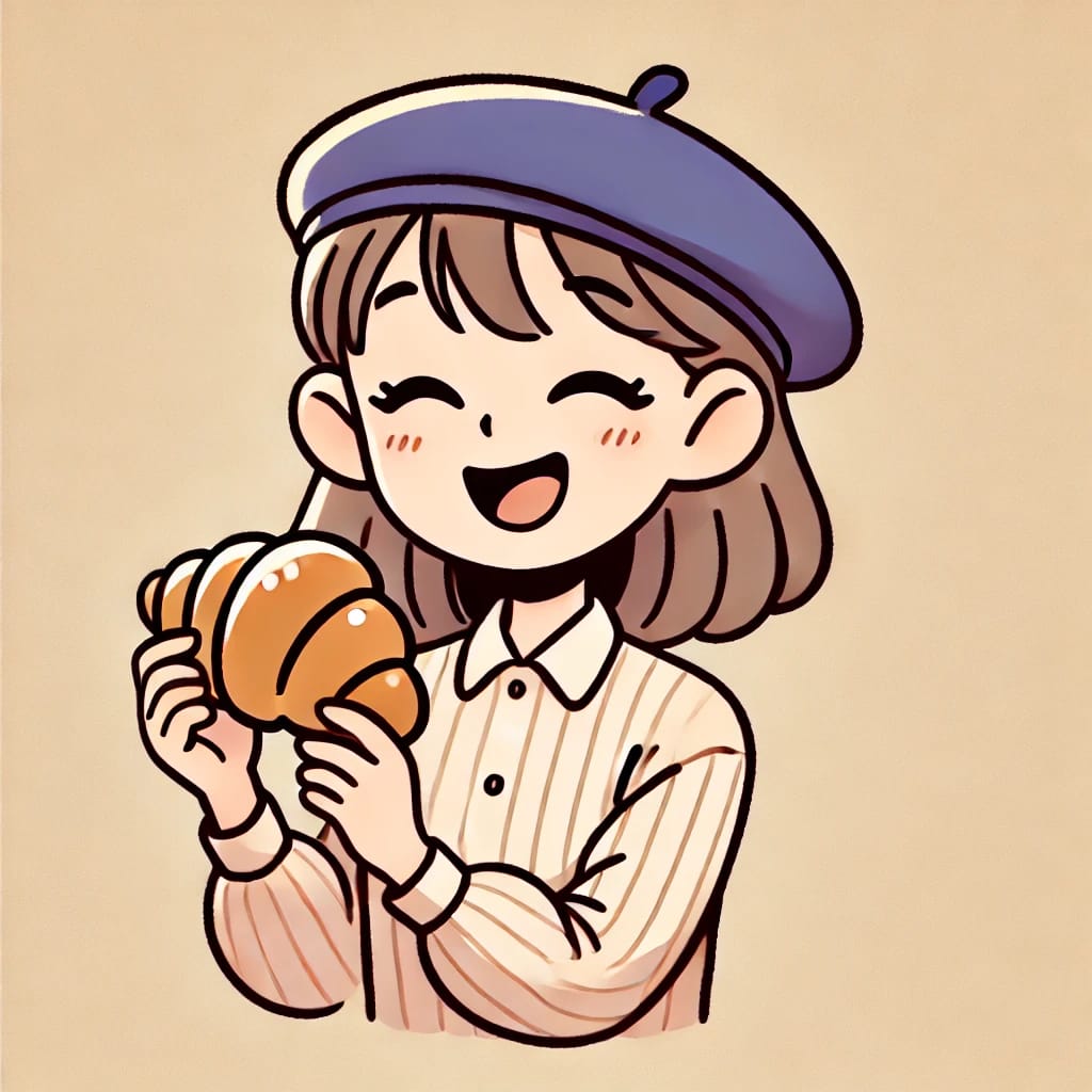 A single image of a teenage girl with a beret, happily eating a croissant.
