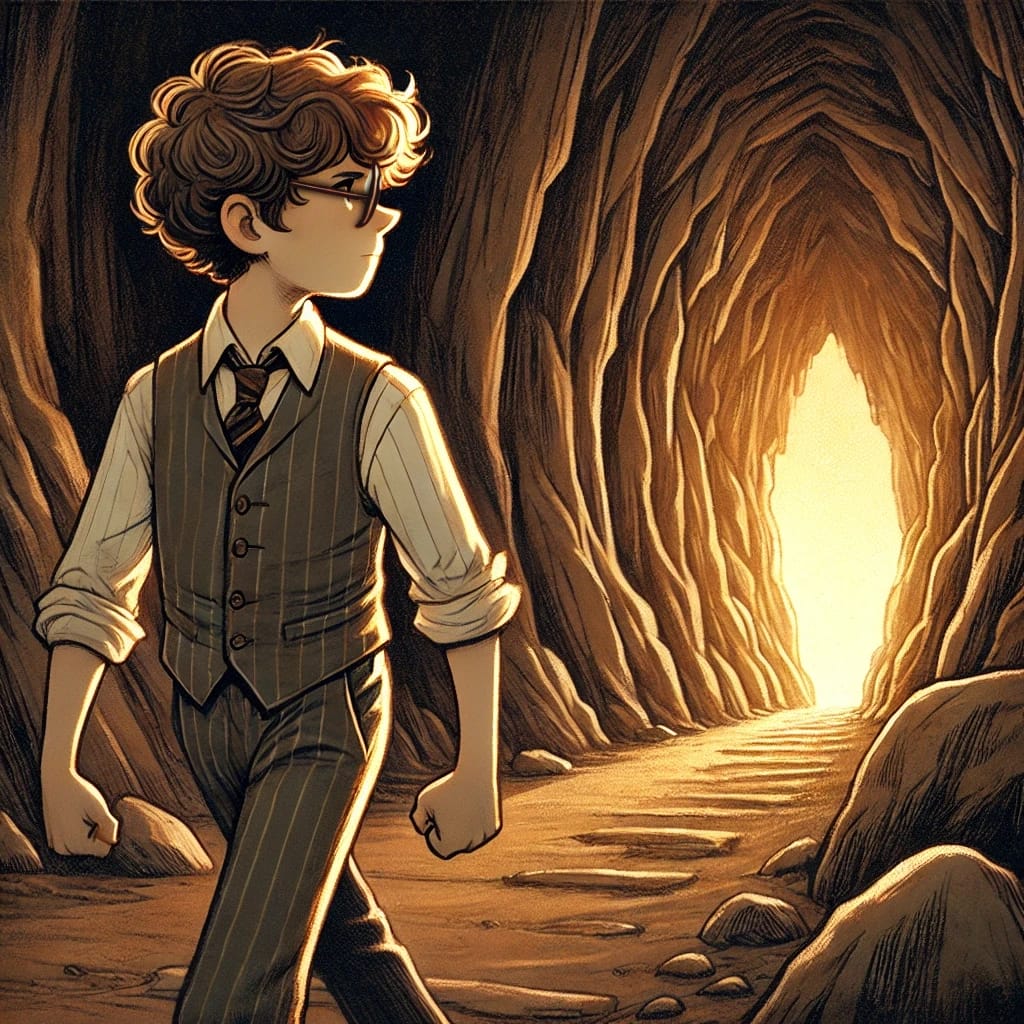 Illustration of a young hero character crossing a threshold, holding a suitcase and stepping through a doorway.