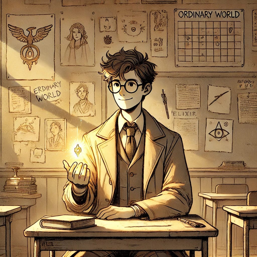 Illustration of a young hero character crossing a threshold, holding a suitcase and stepping through a doorway.