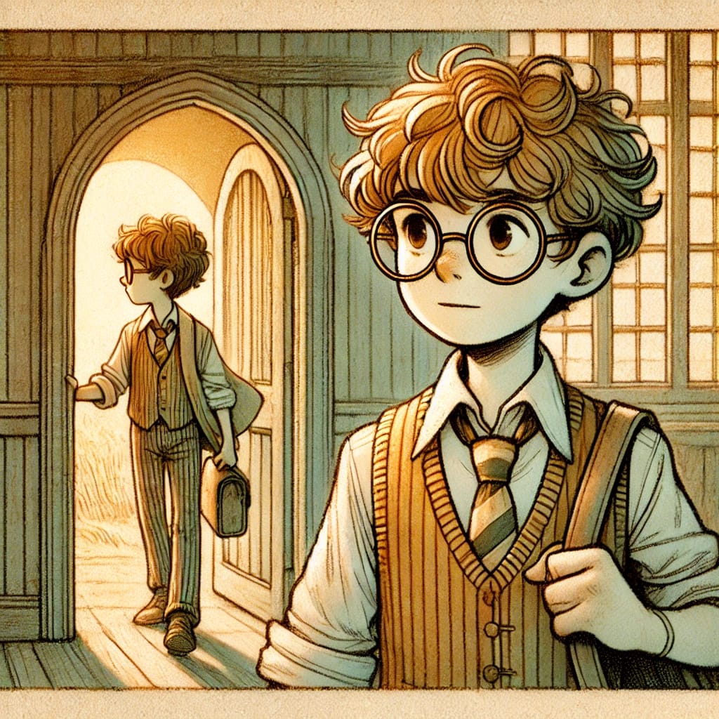 Illustration of a young hero character crossing a threshold, holding a suitcase and stepping through a doorway.