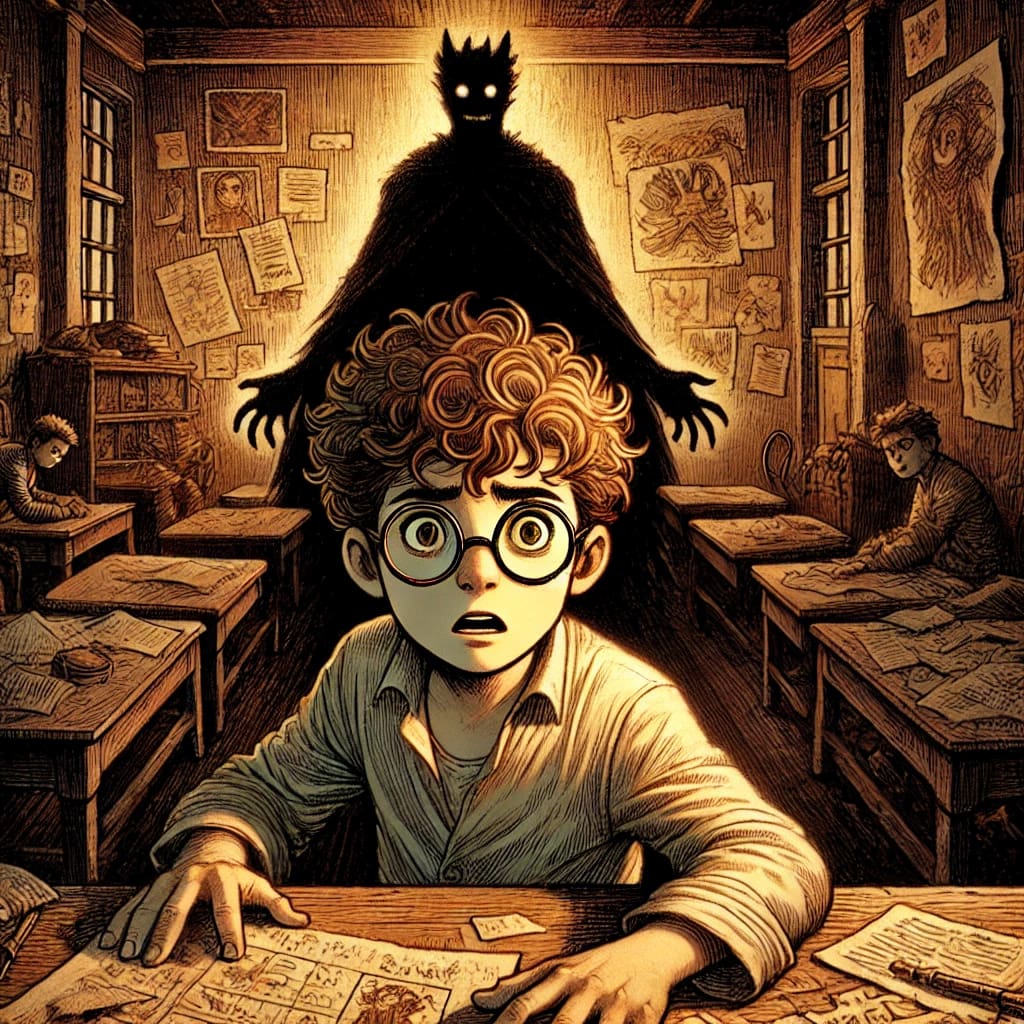 Illustration of a young hero character crossing a threshold, holding a suitcase and stepping through a doorway.