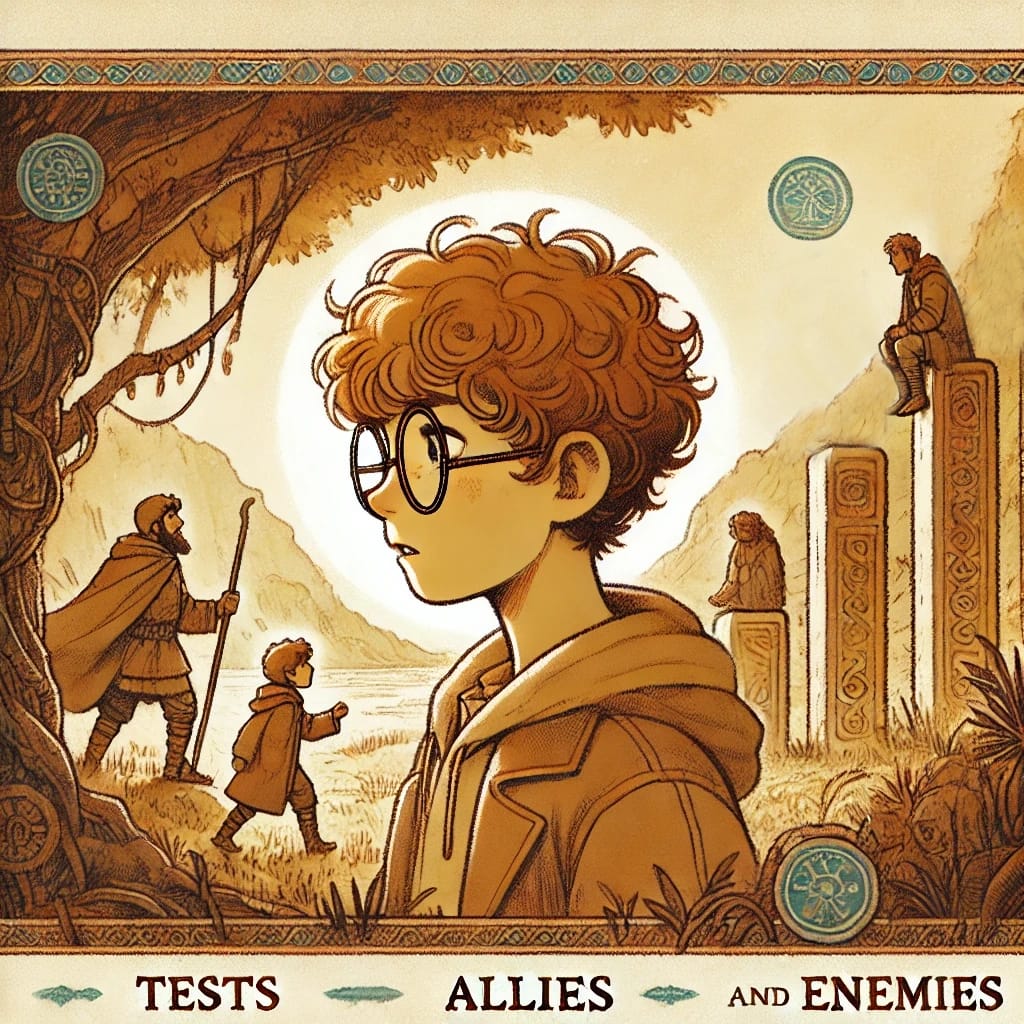 Illustration of a young hero character crossing a threshold, holding a suitcase and stepping through a doorway.