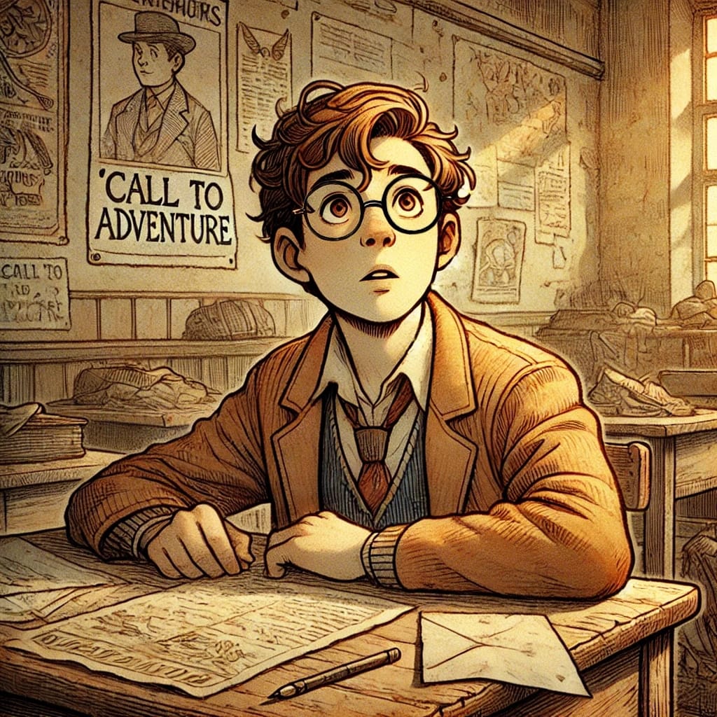 Illustration of a young hero character seated at a school desk, looking surprised with a "Call to Adventure" poster behind him.