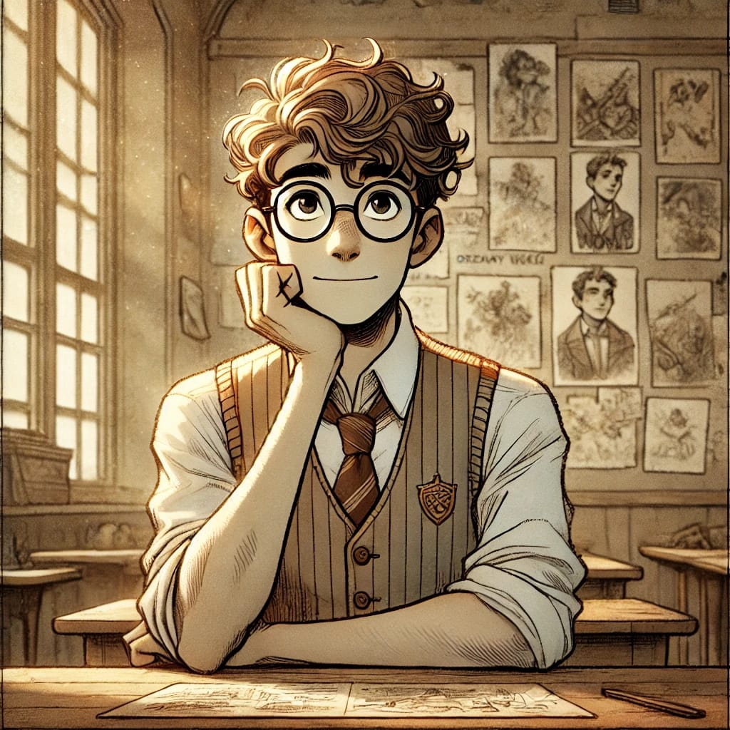 Illustration of a young hero character seated at a school desk, looking thoughtful, with drawings on the wall behind him.