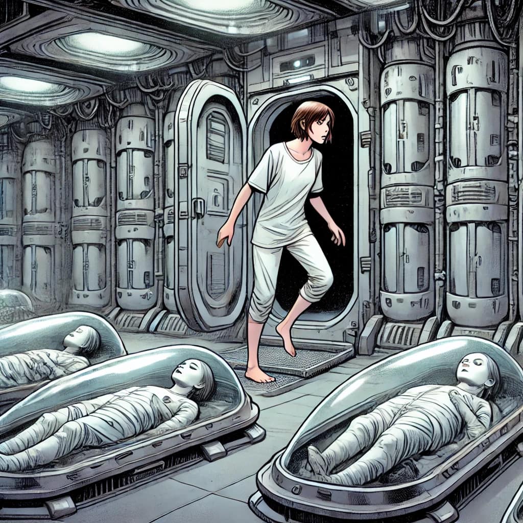 A tense scene inside a dark echoing cave with Armand Leclerc and Elodie Moreau cautiously advancing, looking around as if being followed