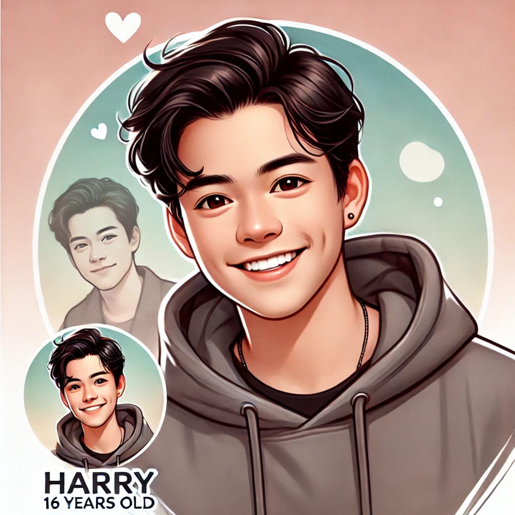 Harry Illustration of Harry, a 16-year-old boy of Asian origin, wearing a casual hoodie with a friendly smile.