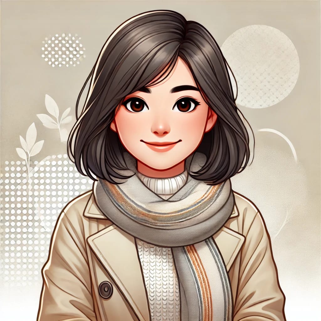Jenny Illustration of Jenny, a 30-year-old woman of Asian origin, dressed in modern cozy attire with a scarf and a warm smile.
