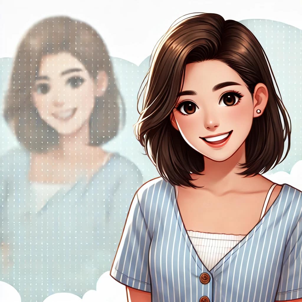 Jessy Illustration of Jessy, a 30-year-old woman of Asian origin, dressed in a casual fun top with a cheerful expression.