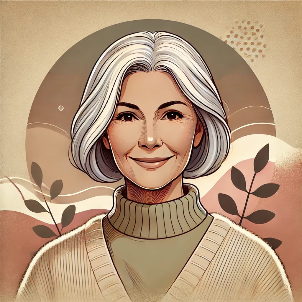Louise Illustration of Louise, a 65-year-old woman with a thin face, gentle wrinkles, and white hair.