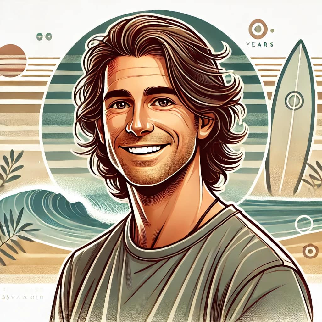 Mike Illustration of Mike, a 35-year-old man with long hair, a friendly smile, and surfer vibes.