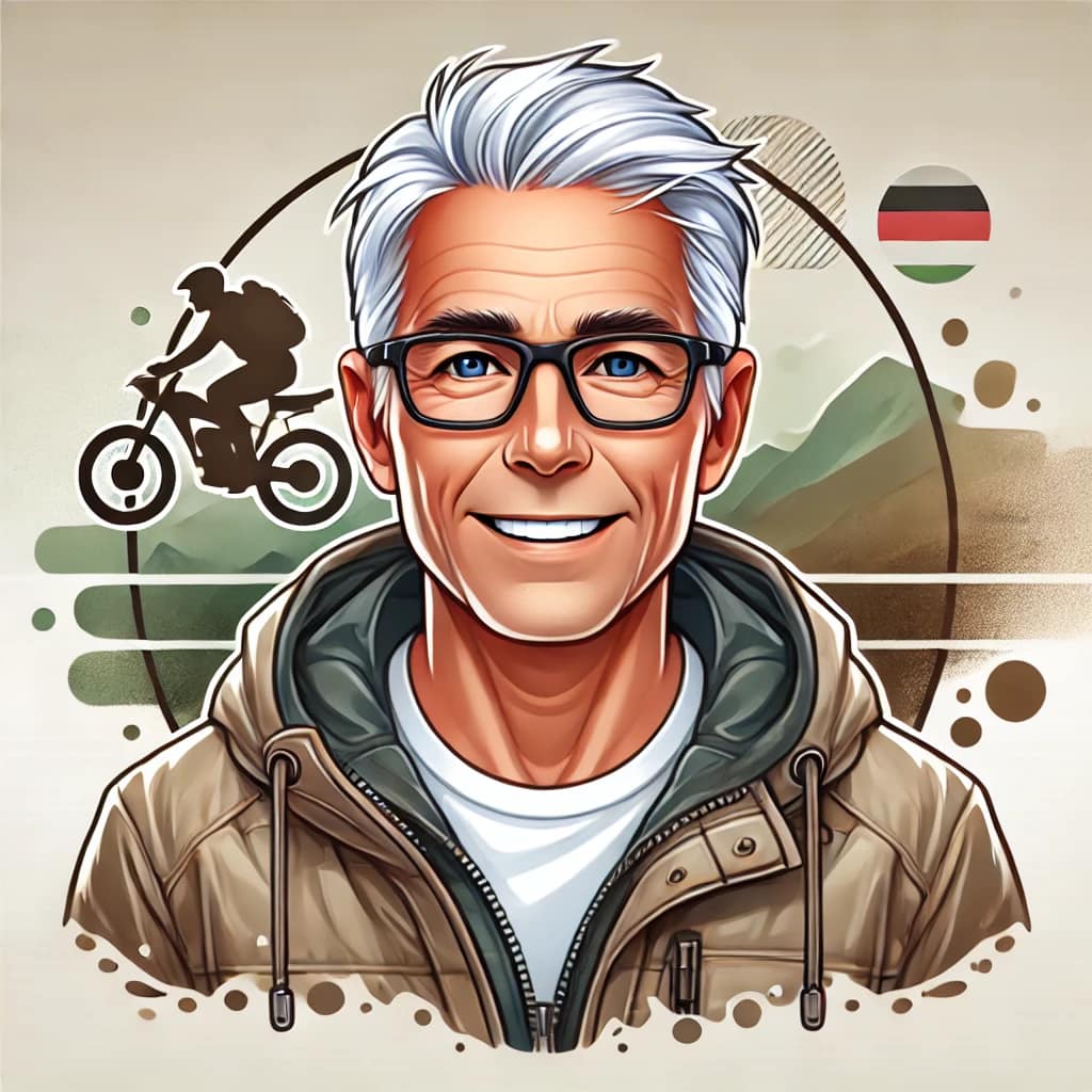 Sepp Illustration of Sepp, a 60-year-old man with white hair, glasses, and a sporty mountain biker vibe.