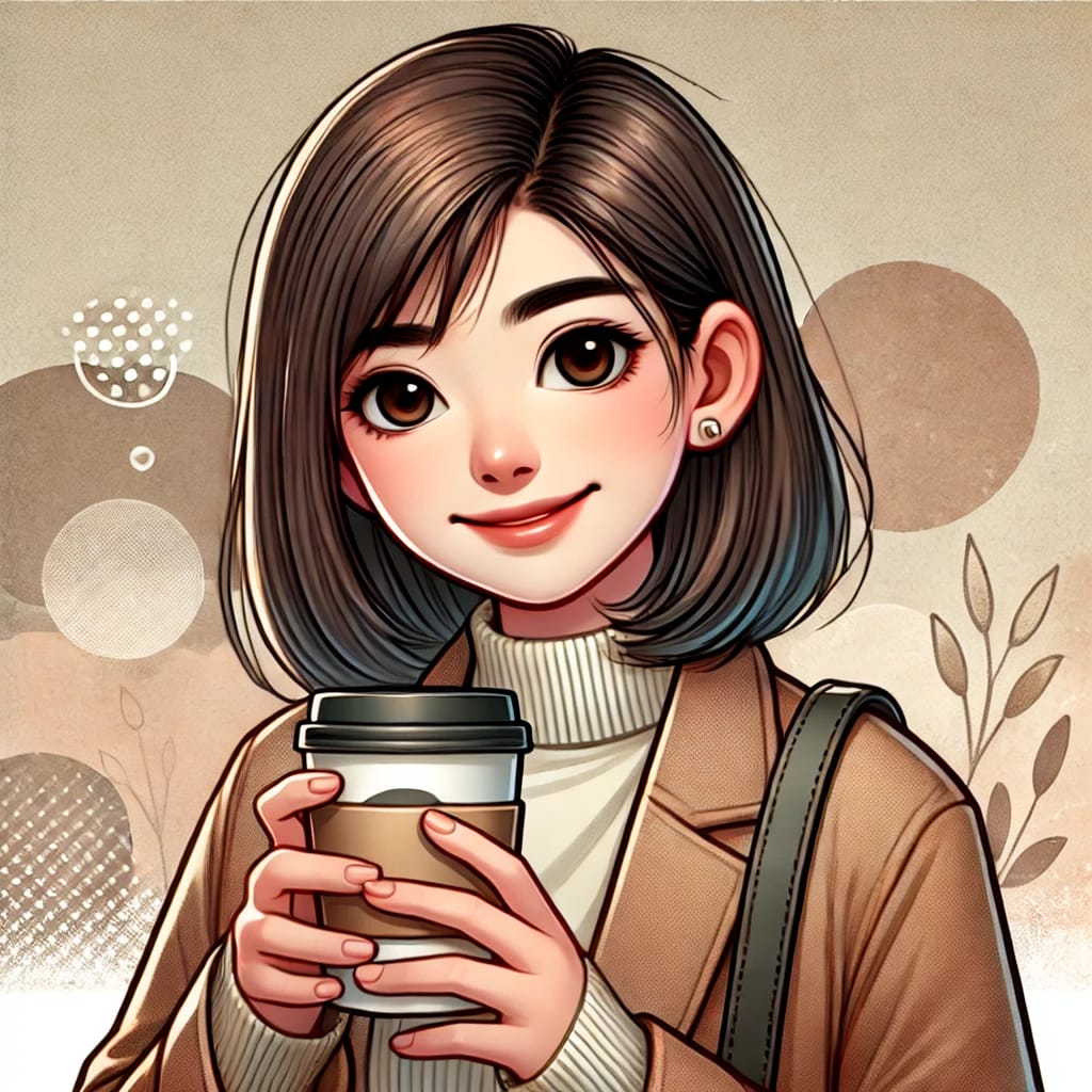 Trang Illustration of Trang, a 30-year-old woman of Asian origin, holding a cup with a gentle smile, wearing a casual blouse or sweater.