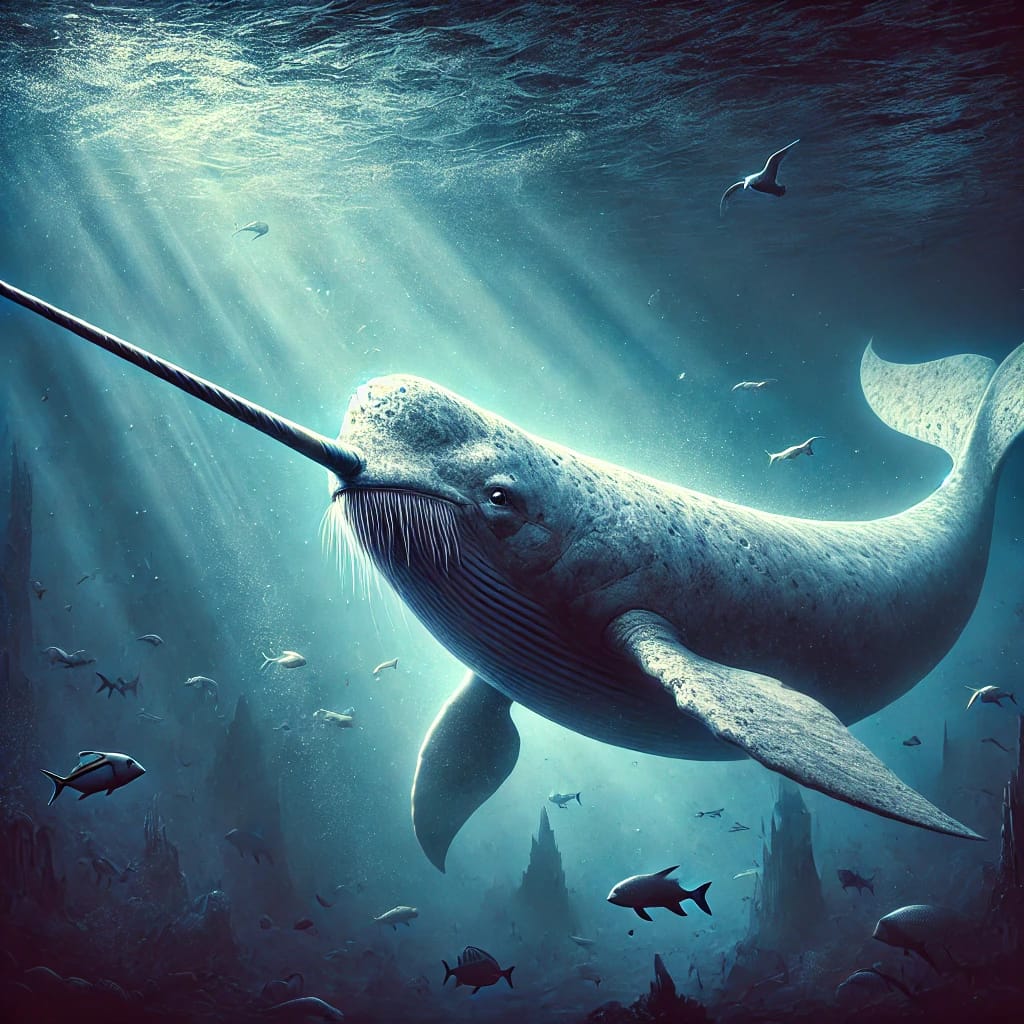 Illustration of a giant narwhal swimming in an underwater scene, surrounded by other marine life and illuminated by beams of light filtering through the ocean.