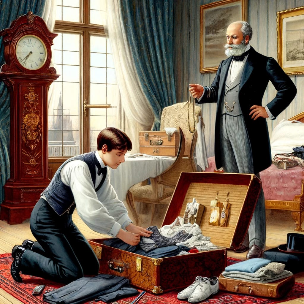 Illustration of Conseil kneeling and carefully packing a suitcase while Pierre Aronnax stands nearby, signaling urgency, in an elegant 19th-century room.