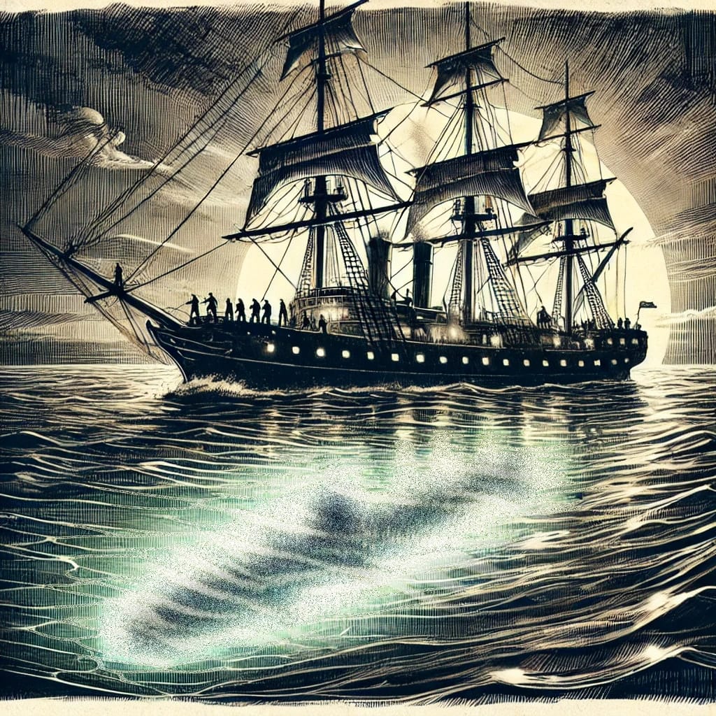 A tense scene inside a dark echoing cave with Armand Leclerc and Elodie Moreau cautiously advancing, looking around as if being followed