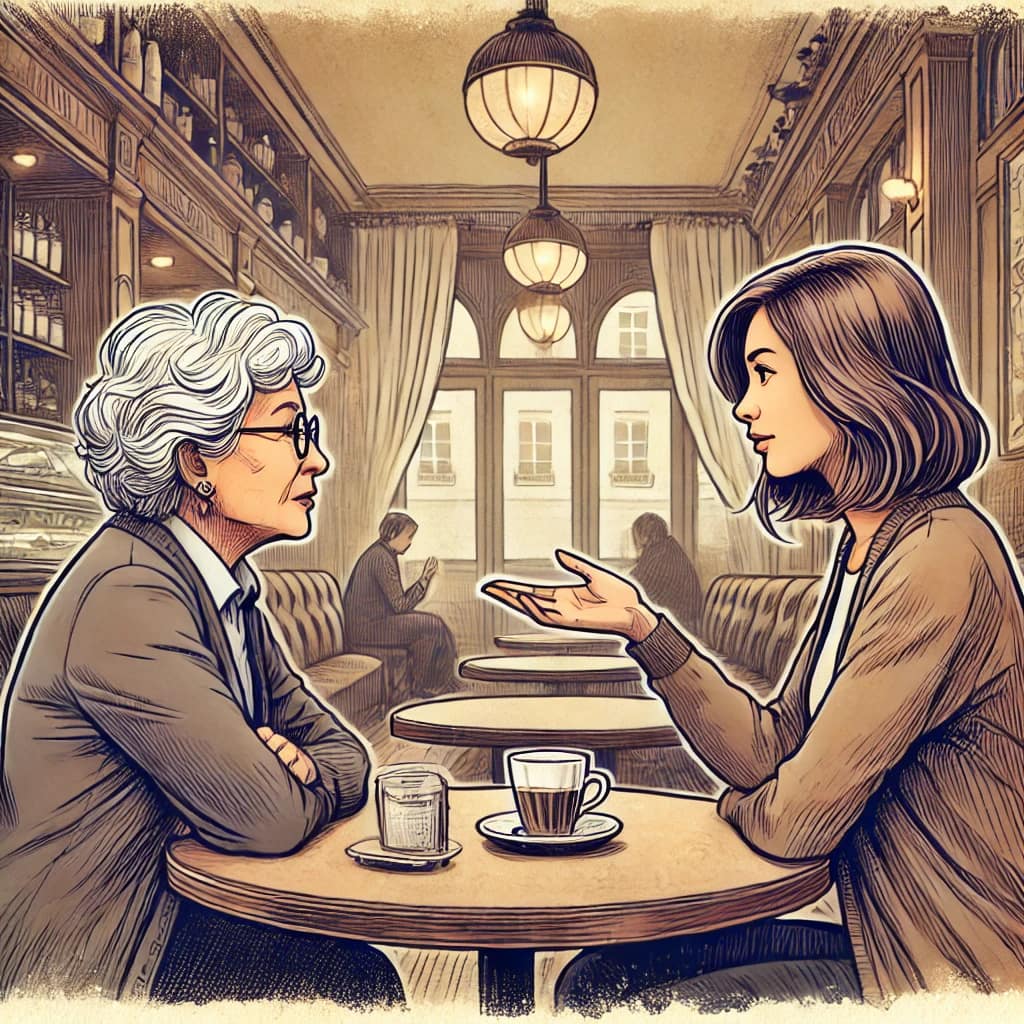 A tense scene inside a dark echoing cave with Armand Leclerc and Elodie Moreau cautiously advancing, looking around as if being followed