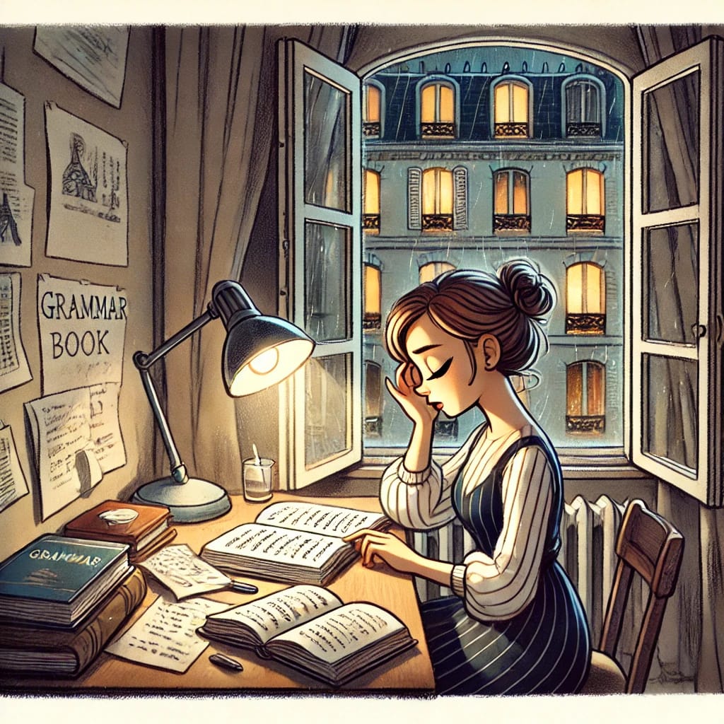 A young woman closing a grammar book at her desk in a small Montmartre apartment, with soft light streaming through the open window at night.