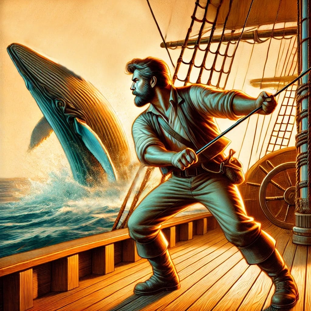 Ned Land aboard the Abraham-Lincoln, throwing a harpoon with precision, a whale breaching the water nearby under golden light.