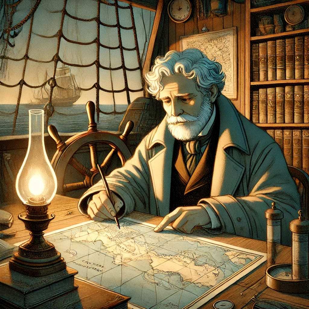 Professor Aronnax studying a detailed map under the soft glow of an oil lamp in a ship's cabin. The setting includes nautical tools, bookshelves, and a ship visible through the cabin window, captured in a stylized illustration.