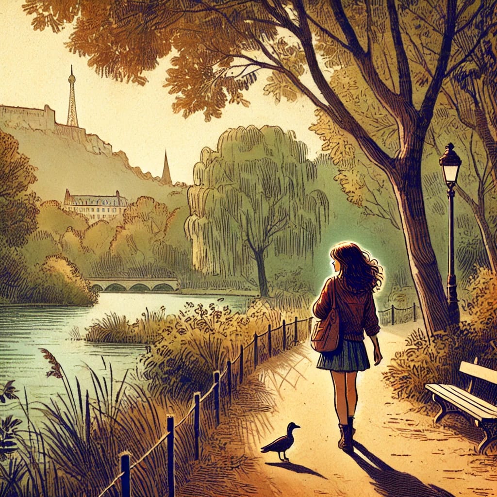 A tense scene inside a dark echoing cave with Armand Leclerc and Elodie Moreau cautiously advancing, looking around as if being followed