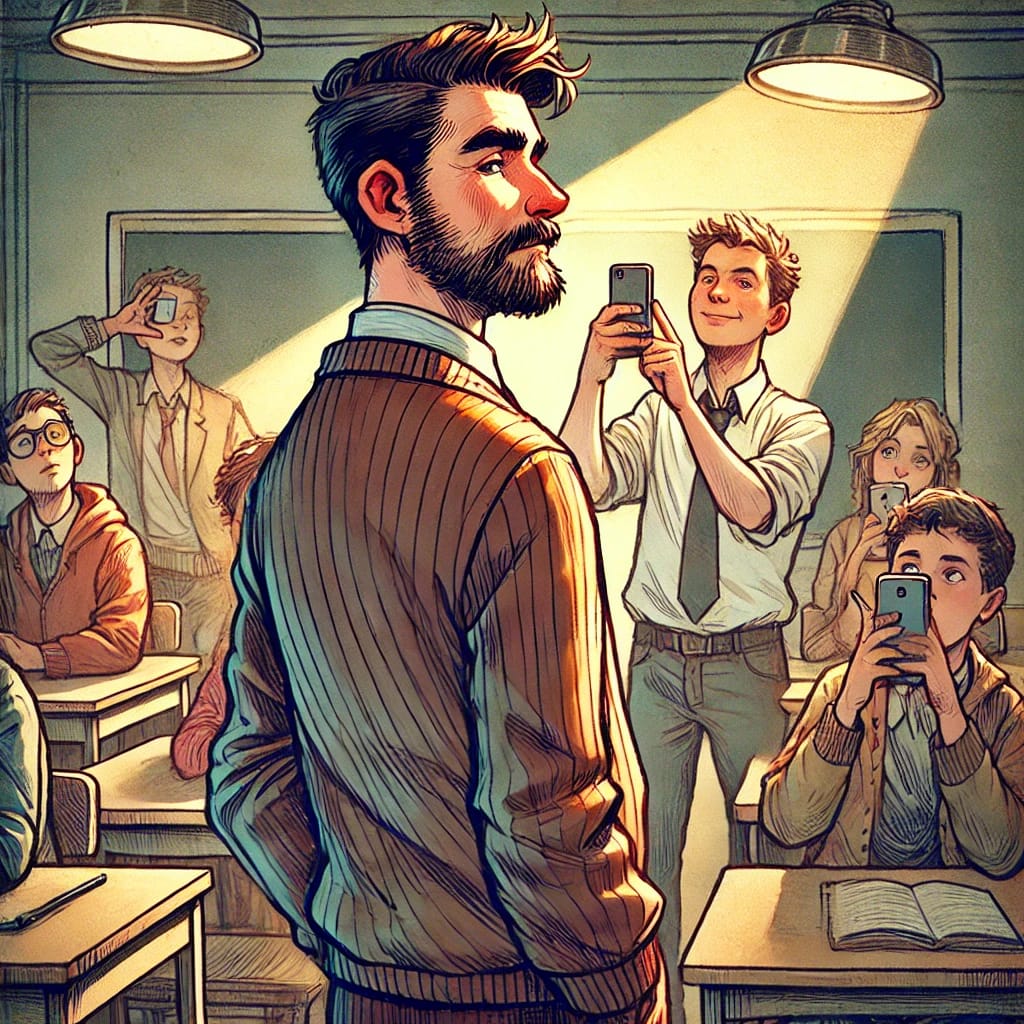 A tense scene inside a dark echoing cave with Armand Leclerc and Elodie Moreau cautiously advancing, looking around as if being followed