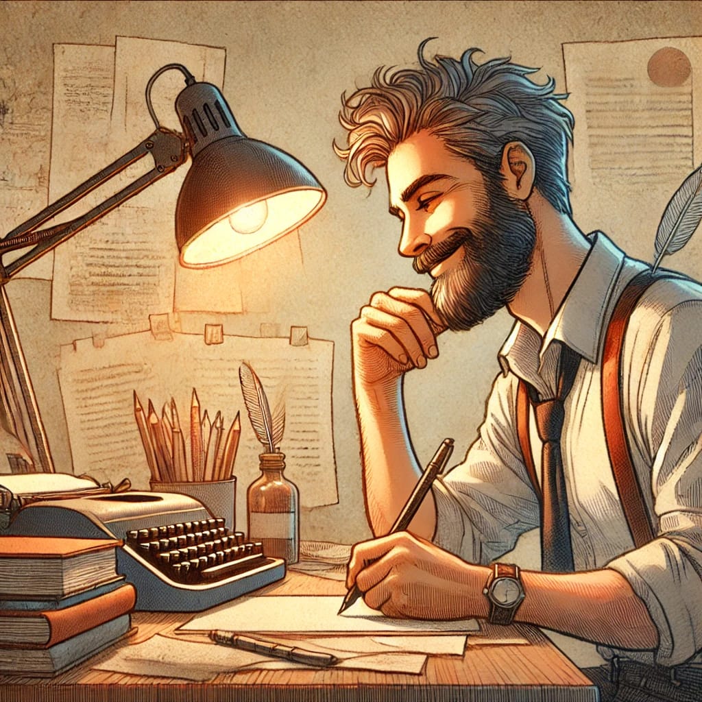 A writer with a beard sitting at a desk with a typewriter, deep in thought, under the warm glow of a desk lamp.