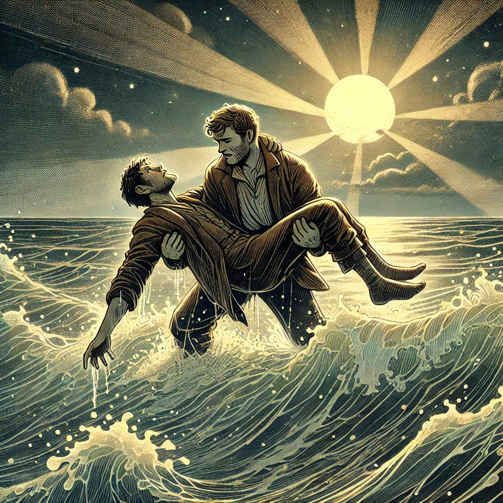 A dramatic scene of a man carrying an unconscious companion through phosphorescent ocean waves, with the rising sun casting radiant beams in the background.