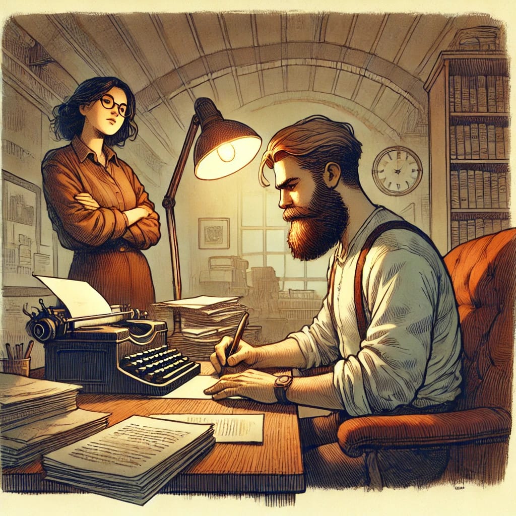 A tense scene inside a dark echoing cave with Armand Leclerc and Elodie Moreau cautiously advancing, looking around as if being followed