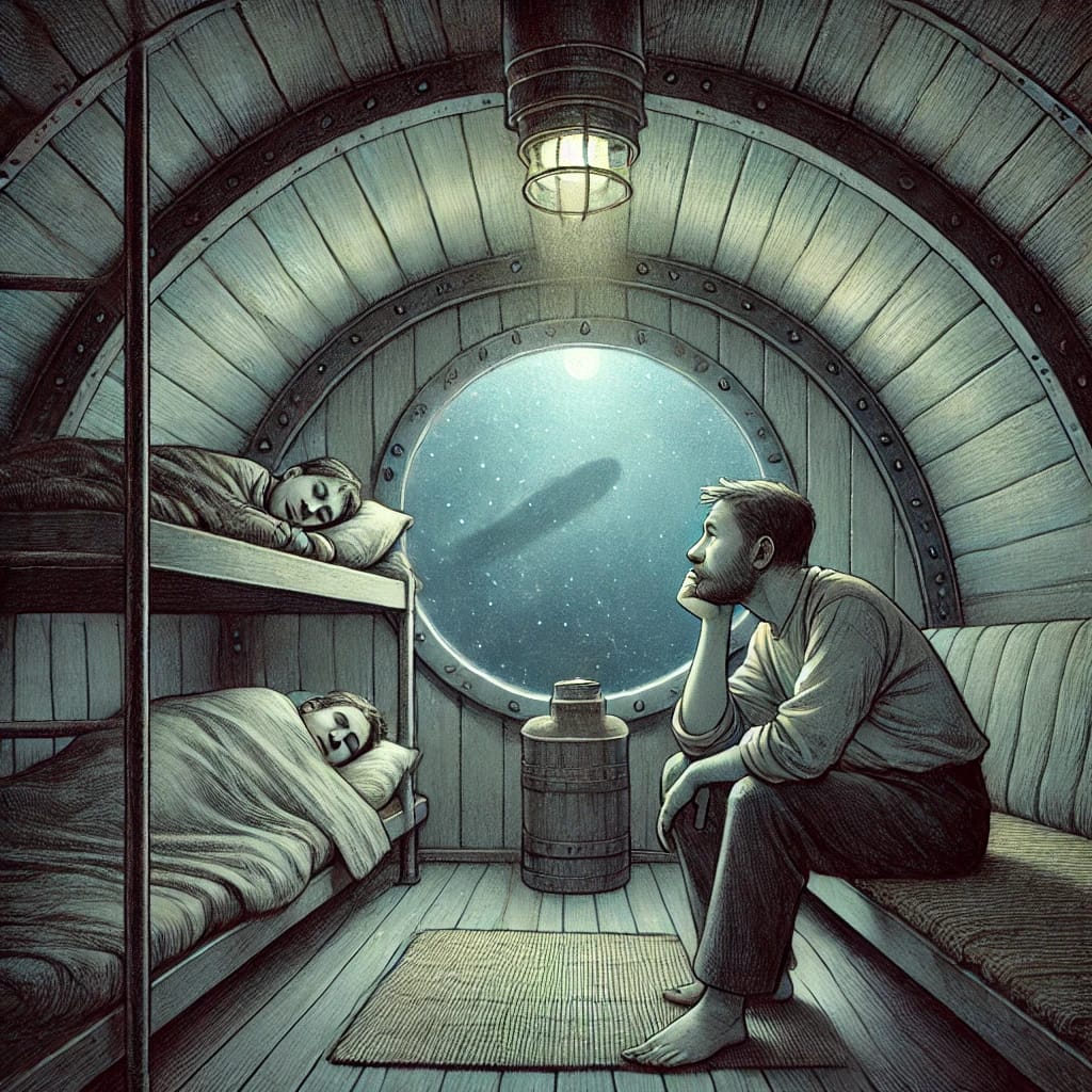 Two men sleep on bunks in a small submarine cabin while a third sits awake, gazing out a large circular window at a shadowy underwater shape illuminated by moonlight.