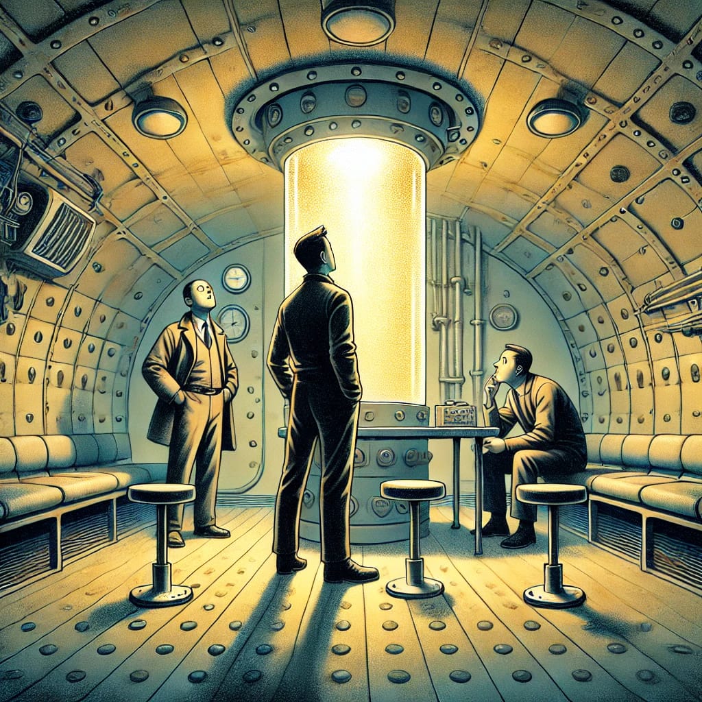 A tense scene inside a dark echoing cave with Armand Leclerc and Elodie Moreau cautiously advancing, looking around as if being followed