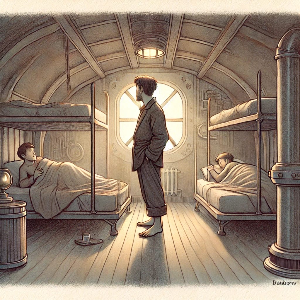 A tense scene inside a dark echoing cave with Armand Leclerc and Elodie Moreau cautiously advancing, looking around as if being followed