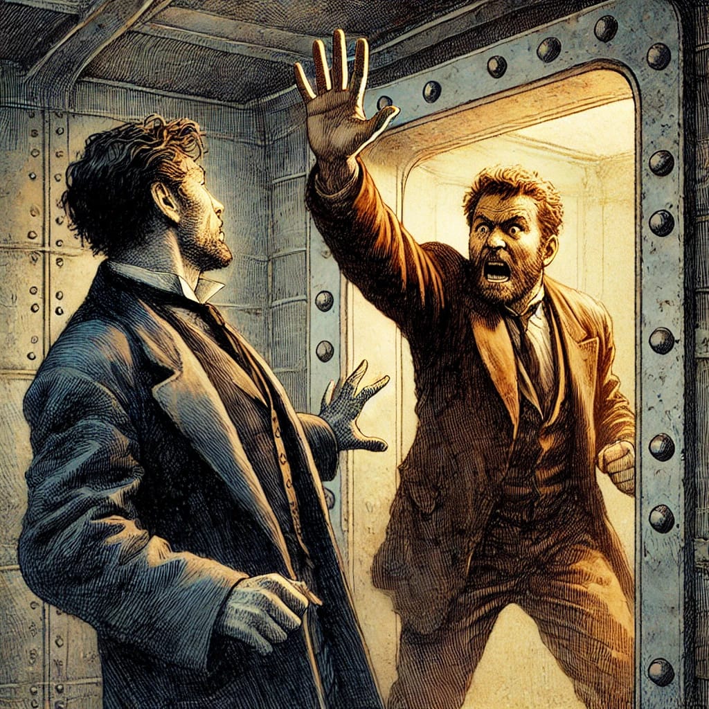 A tense scene inside a dark echoing cave with Armand Leclerc and Elodie Moreau cautiously advancing, looking around as if being followed