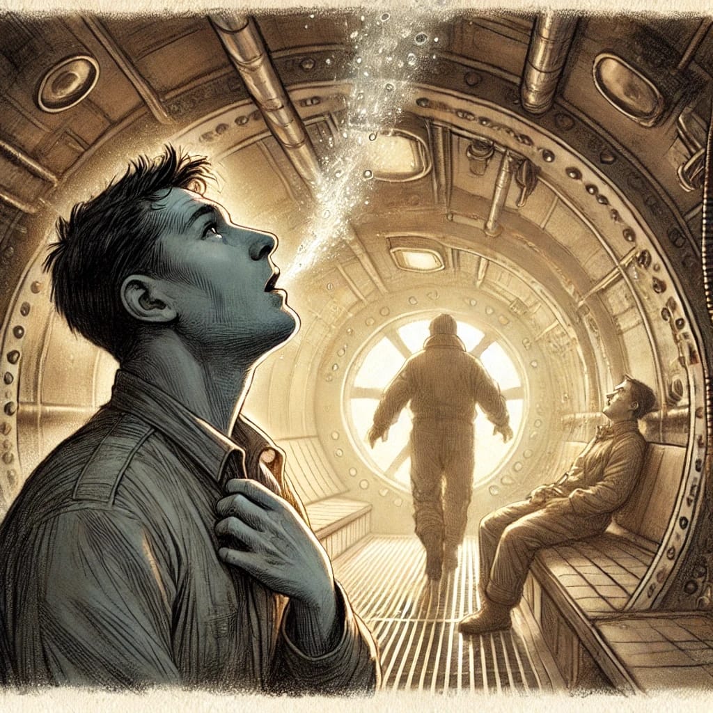 A tense scene inside a dark echoing cave with Armand Leclerc and Elodie Moreau cautiously advancing, looking around as if being followed