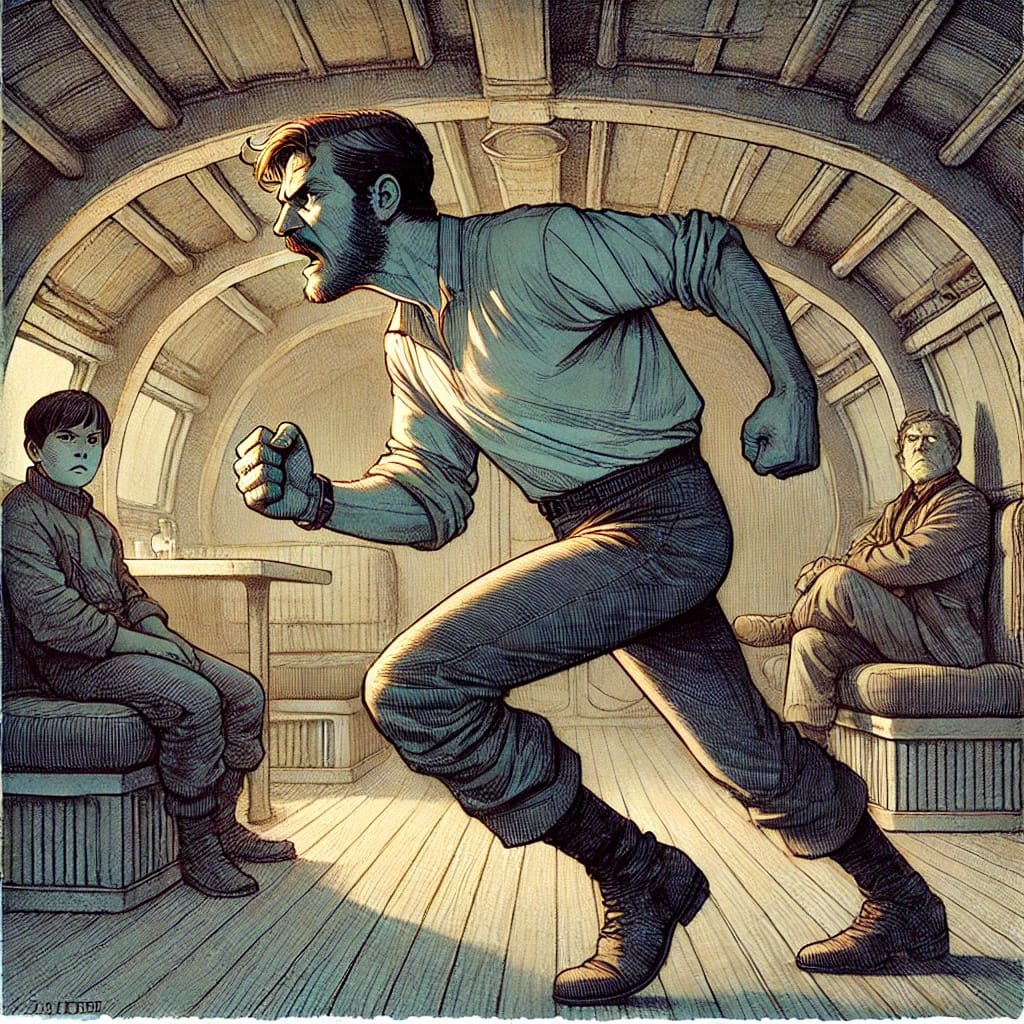A muscular man paces angrily in a submarine-like room, his fists clenched in frustration as two other prisoners watch uneasily.