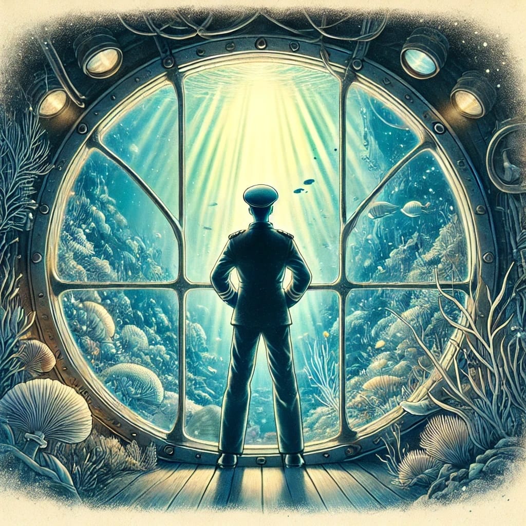A silhouette of Captain Nemo stands before the massive observation window of the Nautilus, gazing at the vibrant underwater world illuminated by beams of sunlight.