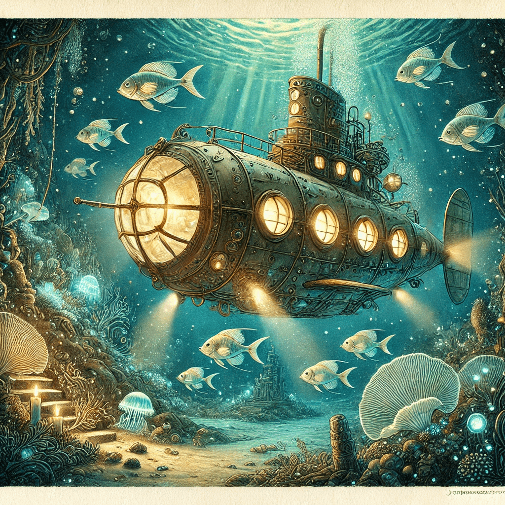 A futuristic submarine with glowing portholes glides through a magical underwater world, surrounded by exotic fish, coral reefs, and ancient ruins.