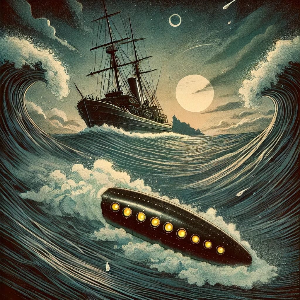 A tense scene inside a dark echoing cave with Armand Leclerc and Elodie Moreau cautiously advancing, looking around as if being followed