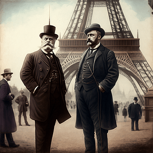 Travel Through Time Deux hommes discutent au pied de la Tour Eiffel. Ils sont élégamment vêtus et portent une grosse barbe et une moustache grisonnantes, ainsi qu'un chapeau. Il y a un certain nombre de personnes qui se promènent autour de la tour. Il semble y avoir du brouillard.