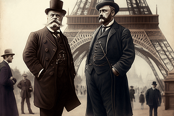 Deux hommes discutent au pied de la Tour Eiffel. Ils sont élégamment vêtus et portent une grosse barbe et une moustache grisonnantes, ainsi qu'un chapeau. Il y a un certain nombre de personnes qui se promènent autour de la tour. Il semble y avoir du brouillard.