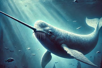 Illustration of a giant narwhal swimming in an underwater scene, surrounded by other marine life and illuminated by beams of light filtering through the ocean.