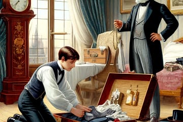 Illustration of Conseil kneeling and carefully packing a suitcase while Pierre Aronnax stands nearby, signaling urgency, in an elegant 19th-century room.