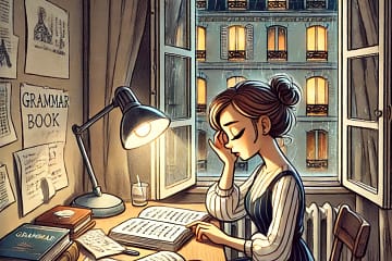 A young woman closing a grammar book at her desk in a small Montmartre apartment, with soft light streaming through the open window at night.