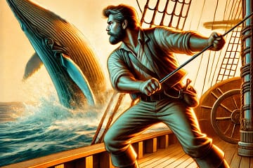 Ned Land aboard the Abraham-Lincoln, throwing a harpoon with precision, a whale breaching the water nearby under golden light.