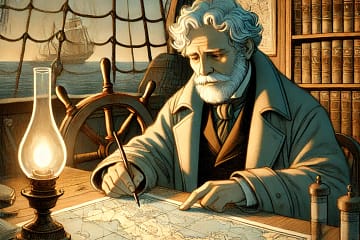 Professor Aronnax studying a detailed map under the soft glow of an oil lamp in a ship's cabin. The setting includes nautical tools, bookshelves, and a ship visible through the cabin window, captured in a stylized illustration.