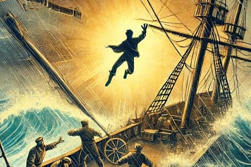 A dramatic scene depicting a man being thrown overboard into stormy seas, illuminated by a fiery light, from a 19th-century steam-powered frigate.