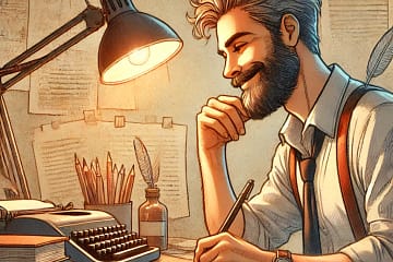 A writer with a beard sitting at a desk with a typewriter, deep in thought, under the warm glow of a desk lamp.